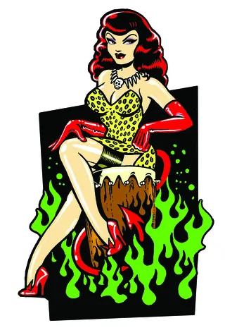 Red-haired pin-up woman in leopard print sitting on stump with green flames
