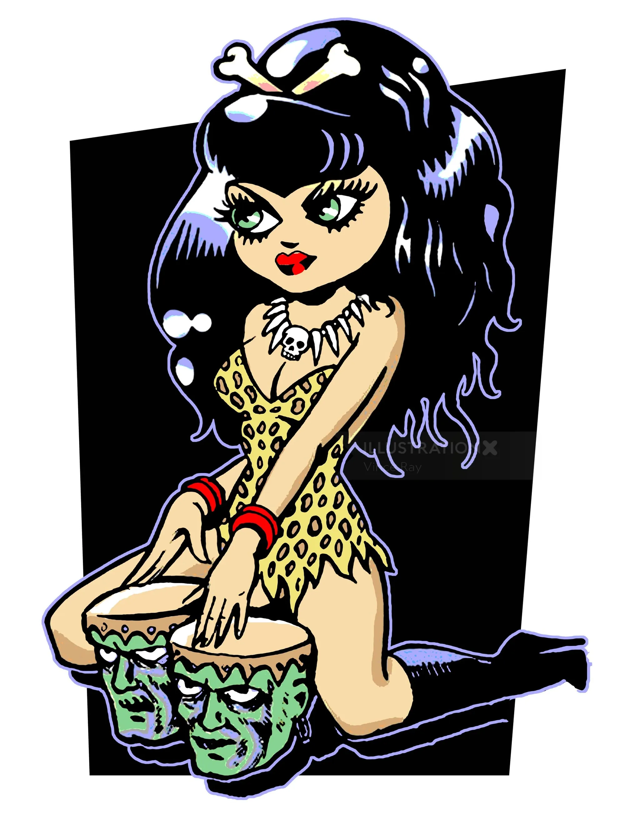 Cartoon woman with black hair playing drums with green faces