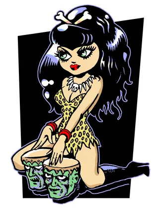 Cartoon woman with black hair playing drums with green faces