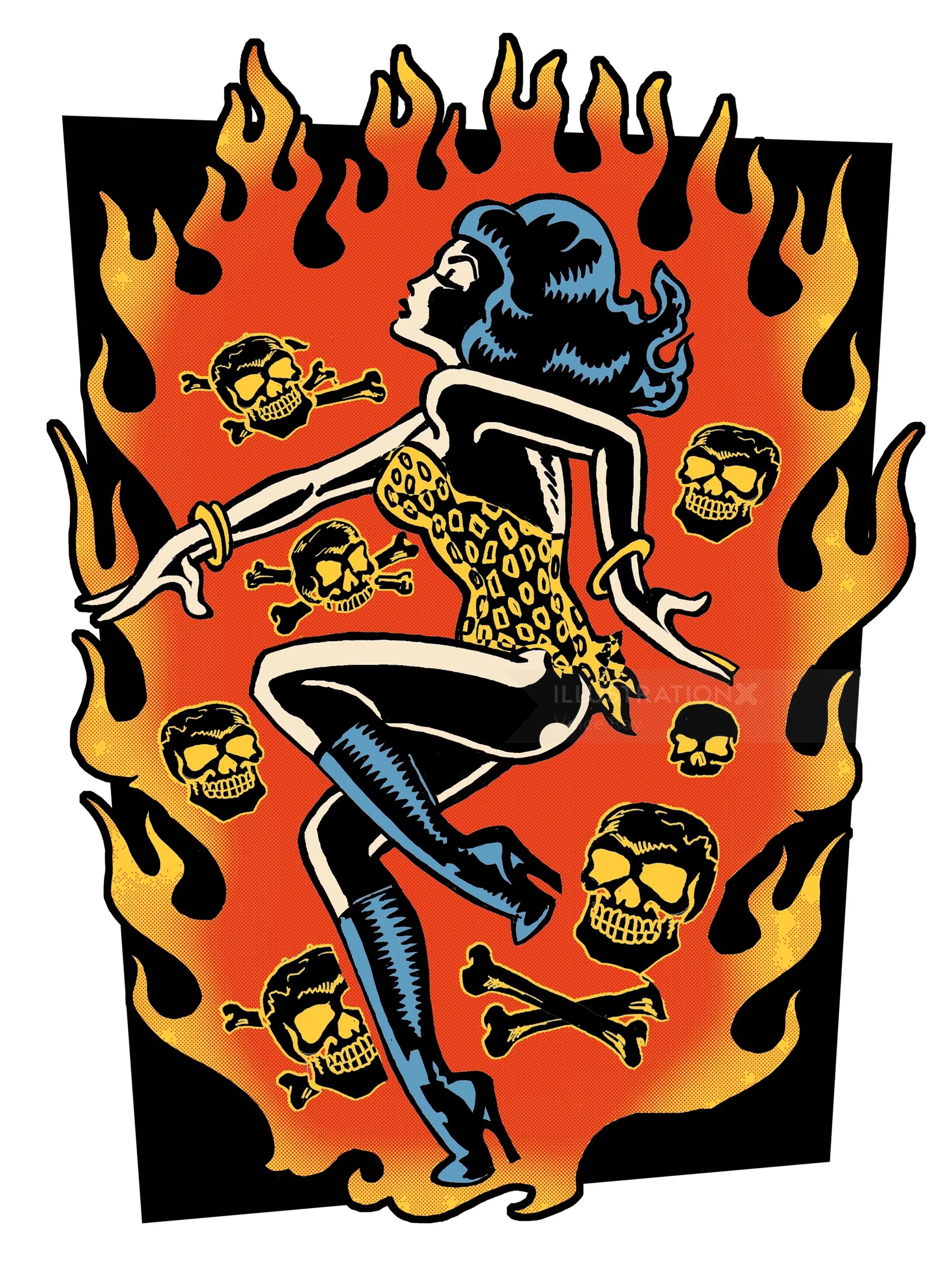 Skeleton figure in leopard print and flames with skulls and bones background