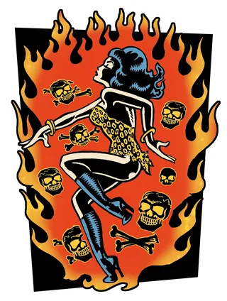 Skeleton figure in leopard print and flames with skulls and bones background