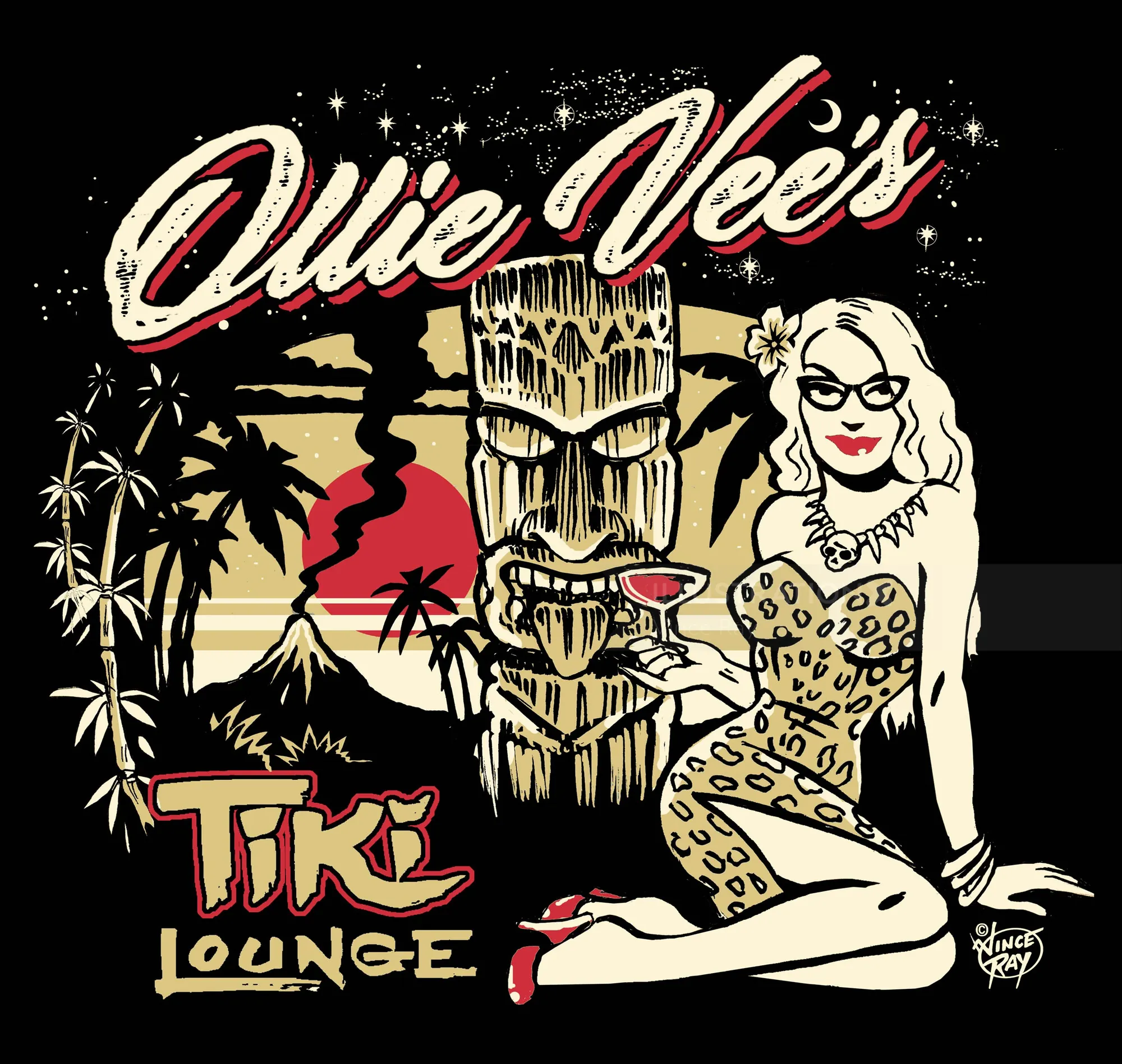 Vince Ray ilustração de uma mulher ao lado de um tiki esculpido no Ollie Vee's Tiki Lounge
