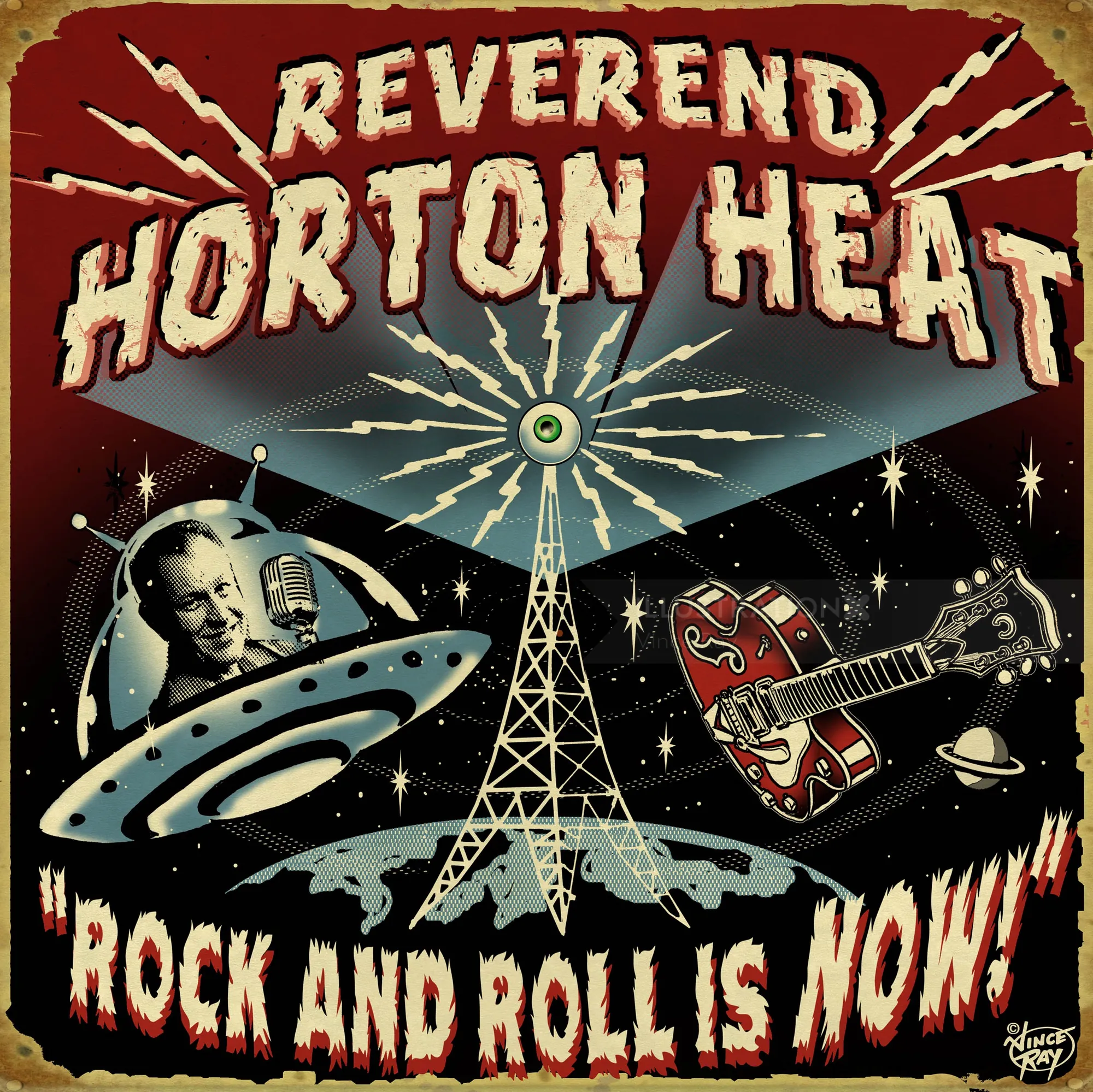 Vince Ray ilustração de um pôster de rock do Reverend Horton Heat com um OVNI, uma guitarra e uma torre de rádio