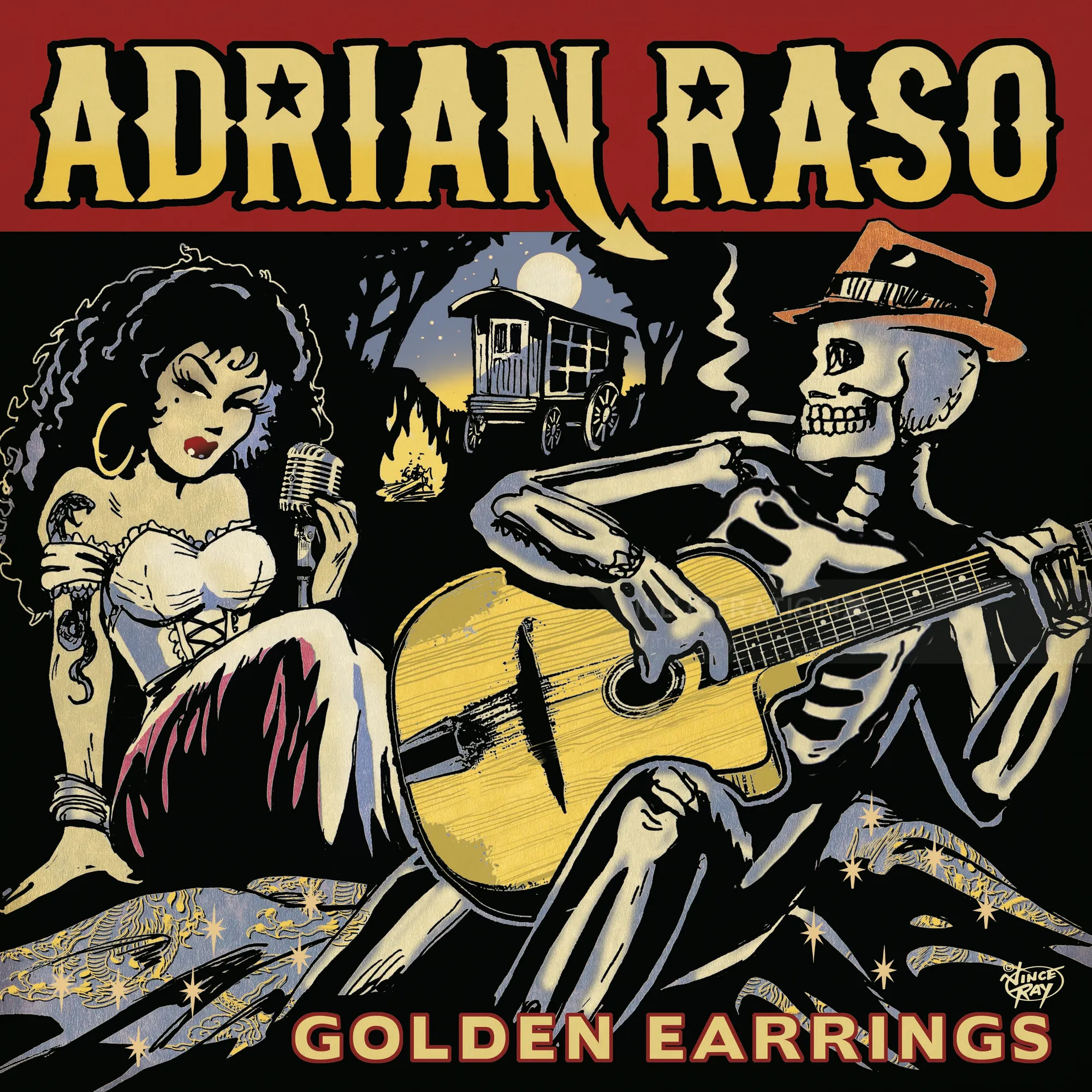 Vince Ray artwork showing a skeleton guitarist and singer on the Golden Earrings cover