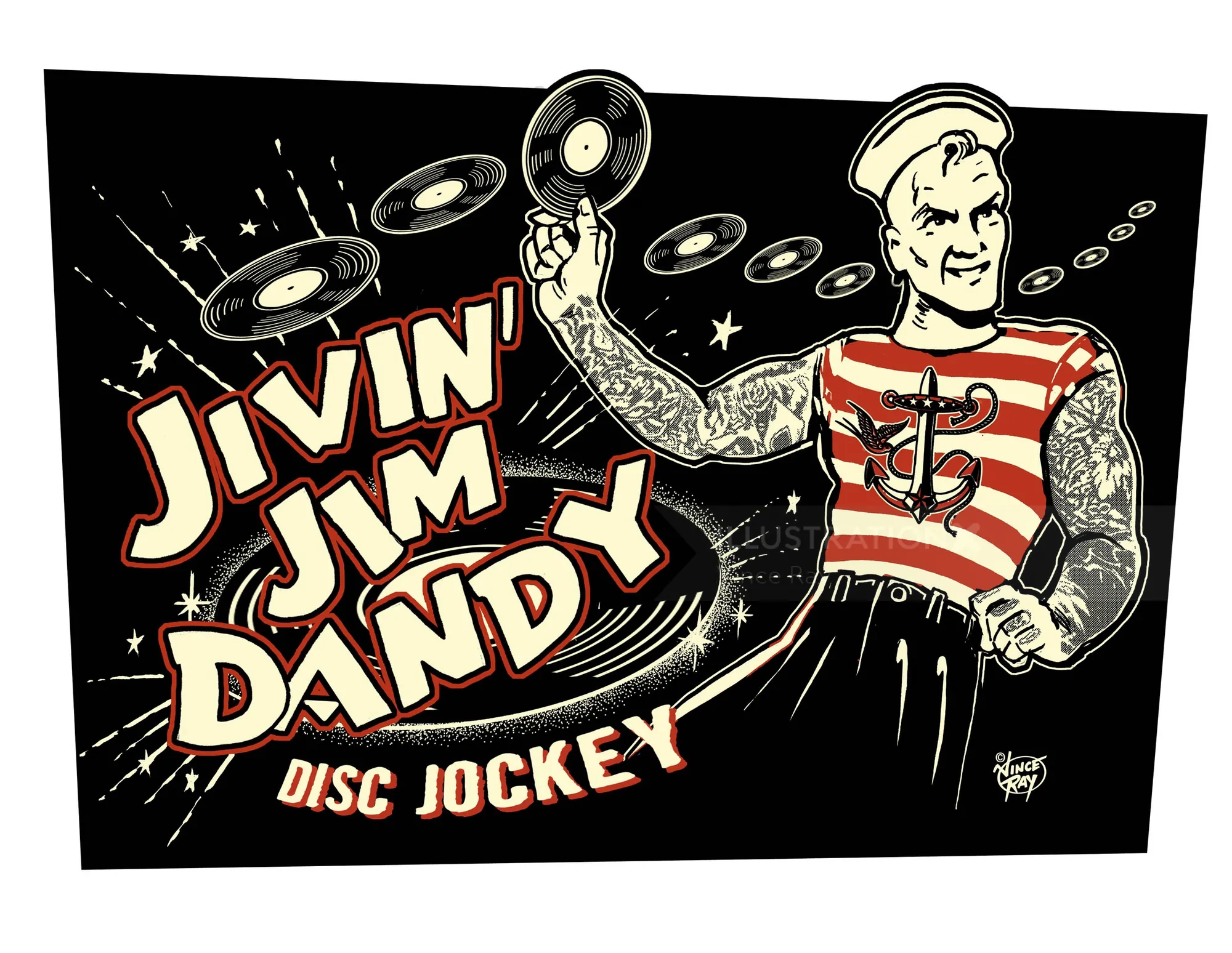 Vince Ray illustration of a tattooed disc jockey with vinyl records and bold Jivin' Jim Dandy letter