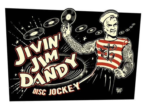 Vince Ray タトゥーを入れたディスクジョッキーがレコードと大胆な「Jivin' Jim Dandy」の文字を持っているイラスト