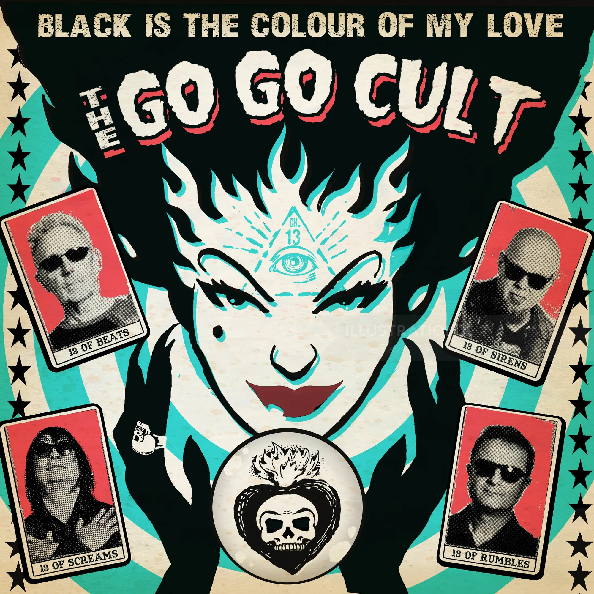 Vince Ray poster for The Go Go Cult with a flaming turquoise figure and playing cards.