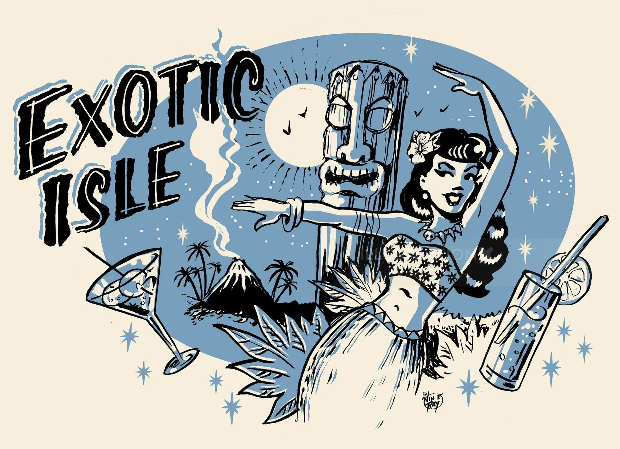 Vince Ray ilustração de uma mulher dançando e um robô na Ilha Exótica