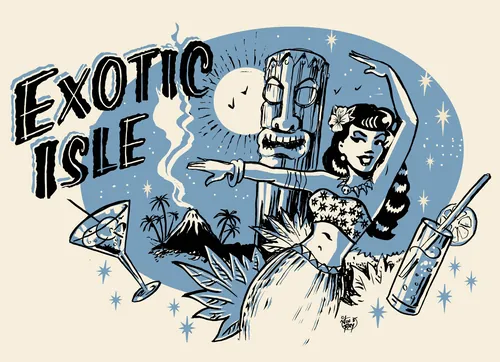 Vince Ray エキゾチック・アイルで踊る女性とロボットのイラスト