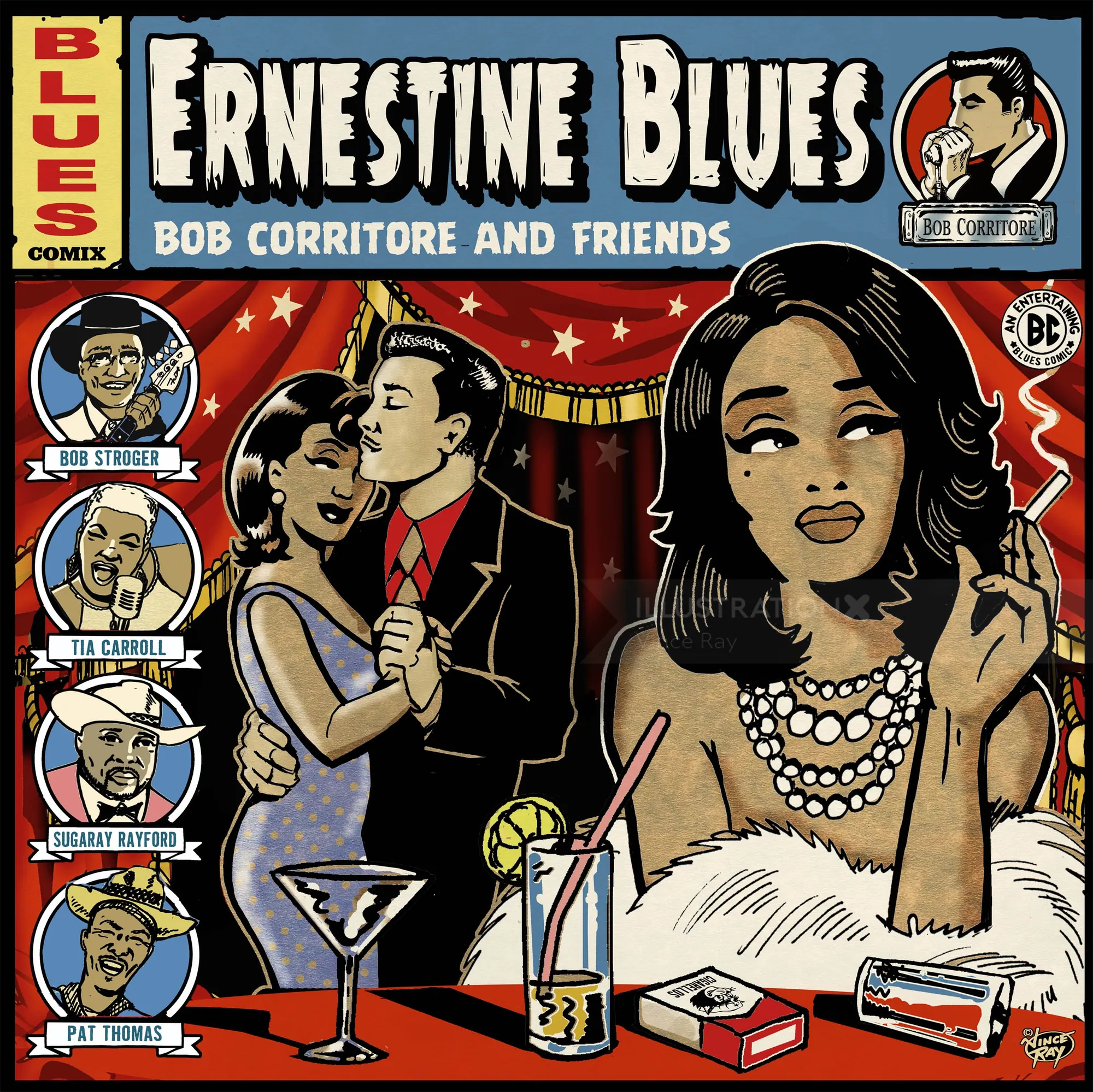 Vince Ray illustration of the Ernestine Blues comic cover with dancers and a woman at a bar.