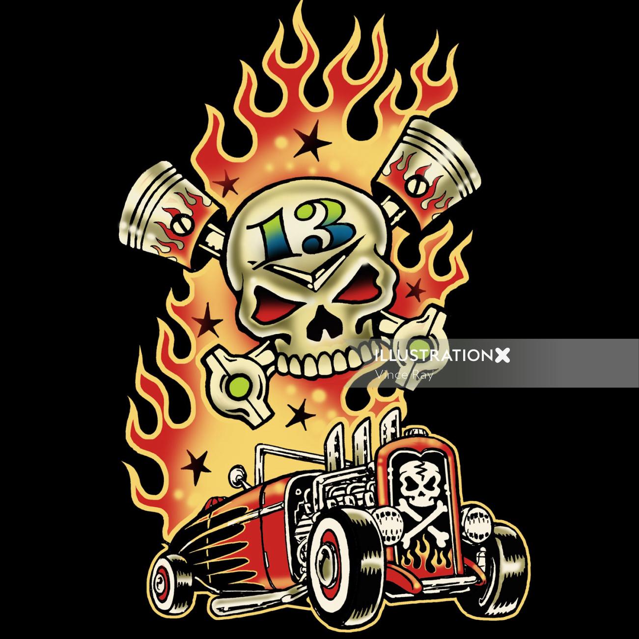Low brow art of a car with fire by Vince Ray
