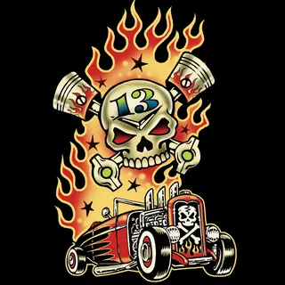 Low brow art of a car with fire by Vince Ray