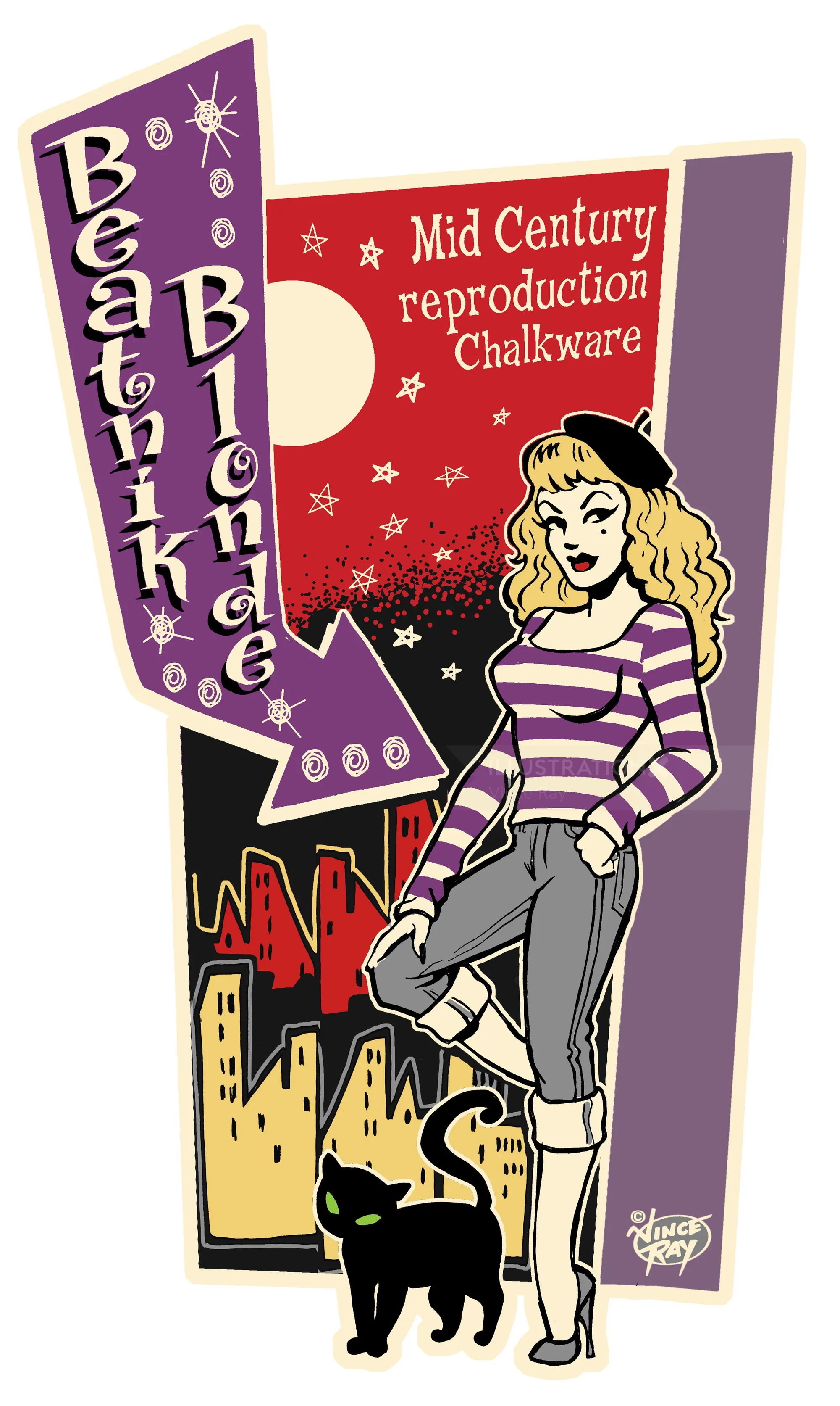 Illustration of a blonde woman and black cat promoting chalkware by Vince Ray