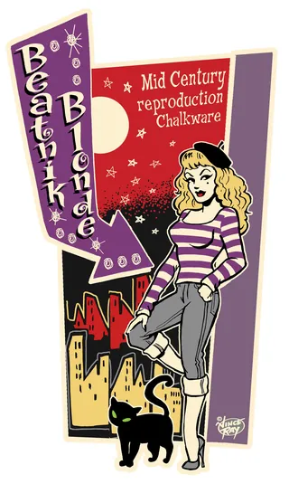 Illustration of a blonde woman and black cat promoting chalkware by Vince Ray