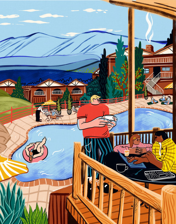 cabin, forest, family, travel trends, pool, vacation, funny, bold, bright, humorous, character, weir