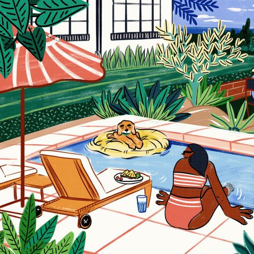 Cartoon people relaxing near swimming pool