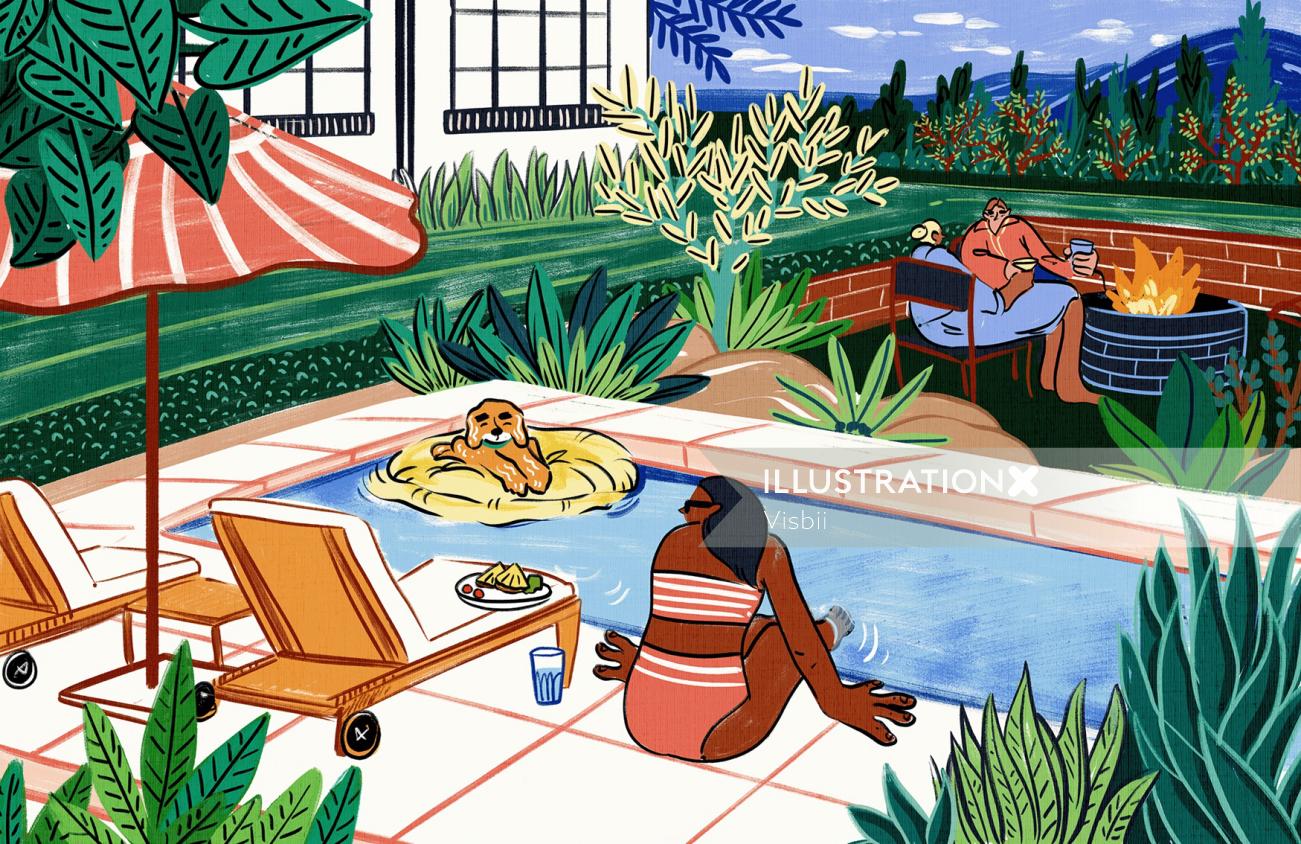 Desenhos animados relaxando perto da piscina
