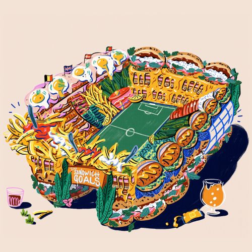 Editorial of football stadium made of sandwiches