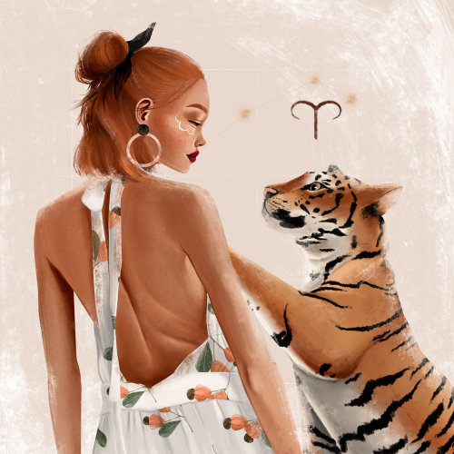 Diseño de personajes de mujer con tigre.