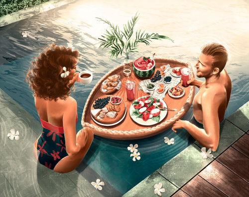Casal de comida e bebida na piscina