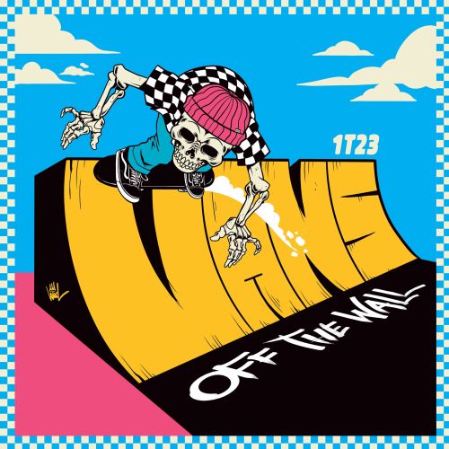 Skeleton skateboarding on a Vans ramp with a pink beanie