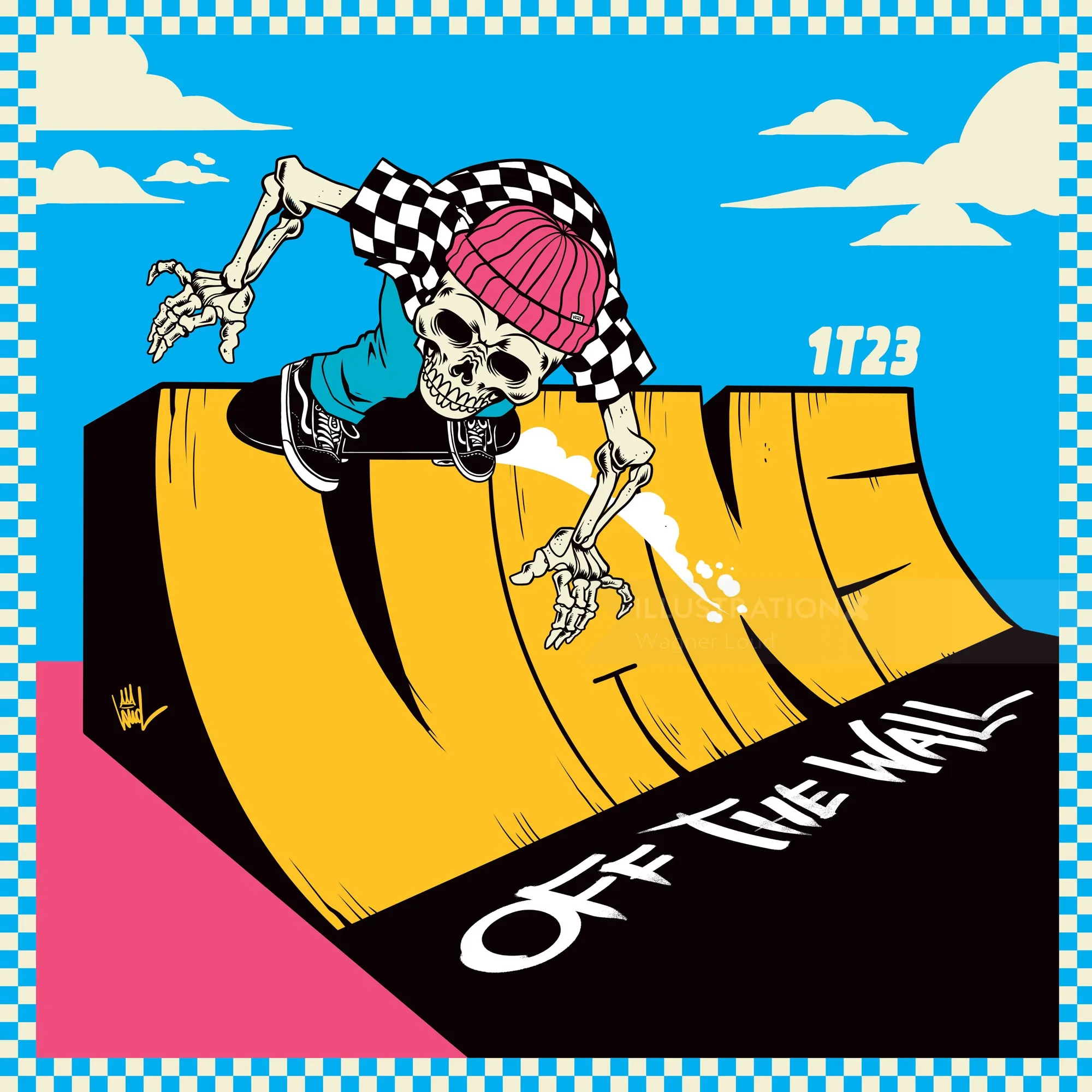 Skeleton skateboarding on a Vans ramp with a pink beanie