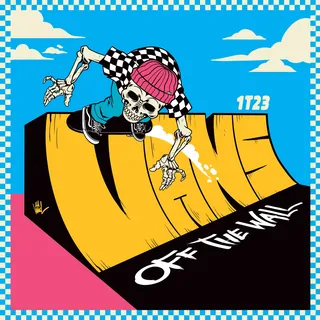 Skeleton skateboarding on a Vans ramp with a pink beanie