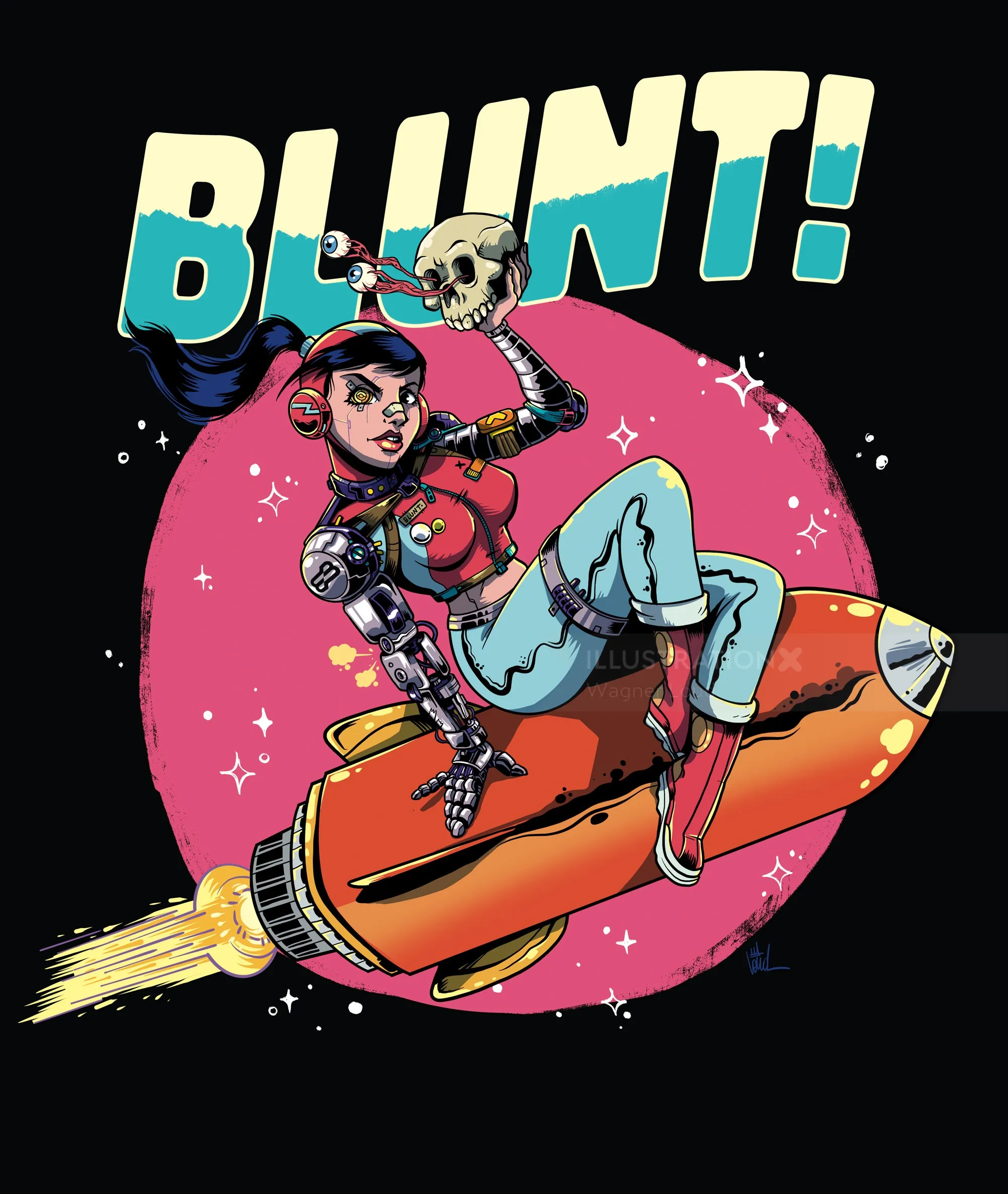 Futuristic woman with robotic arm riding a rocket holding a skull