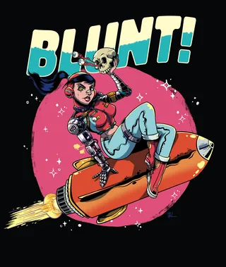 Futuristic woman with robotic arm riding a rocket holding a skull