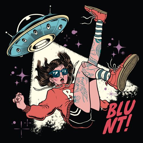 Girl with tattoos abducted by UFO beam, wearing sunglasses and red sweater