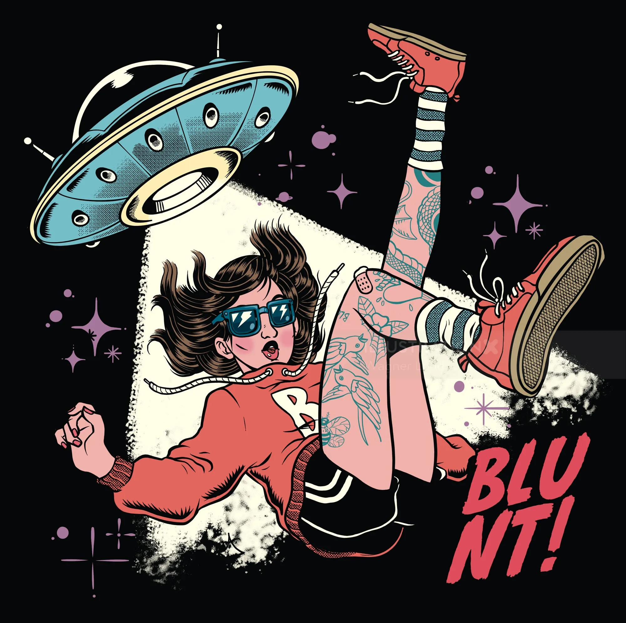 Girl with tattoos abducted by UFO beam, wearing sunglasses and red sweater