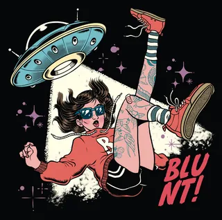 Girl with tattoos abducted by UFO beam, wearing sunglasses and red sweater