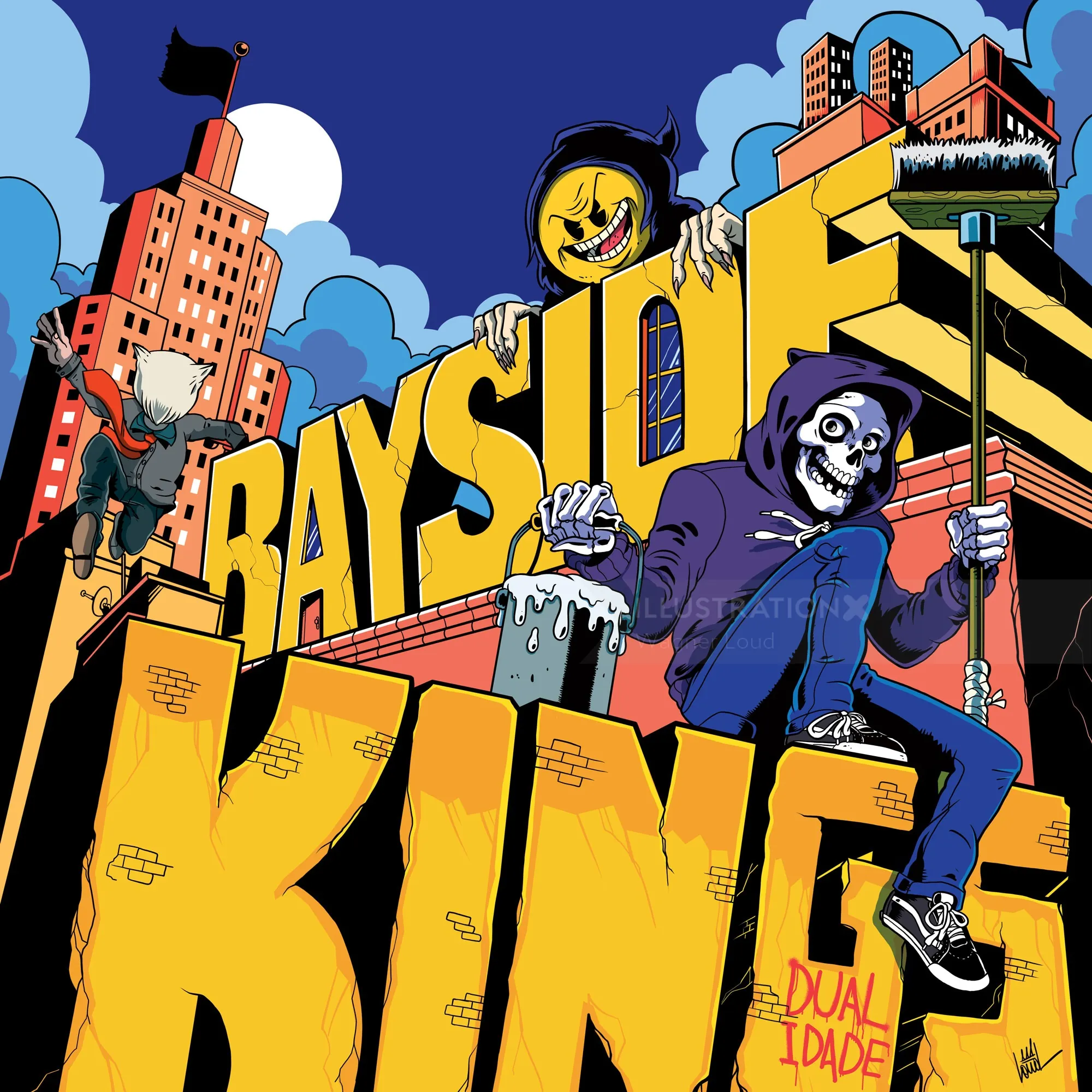 Illustration of two characters painting large yellow text in a cityscape