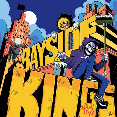 Illustration of two characters painting large yellow text in a cityscape