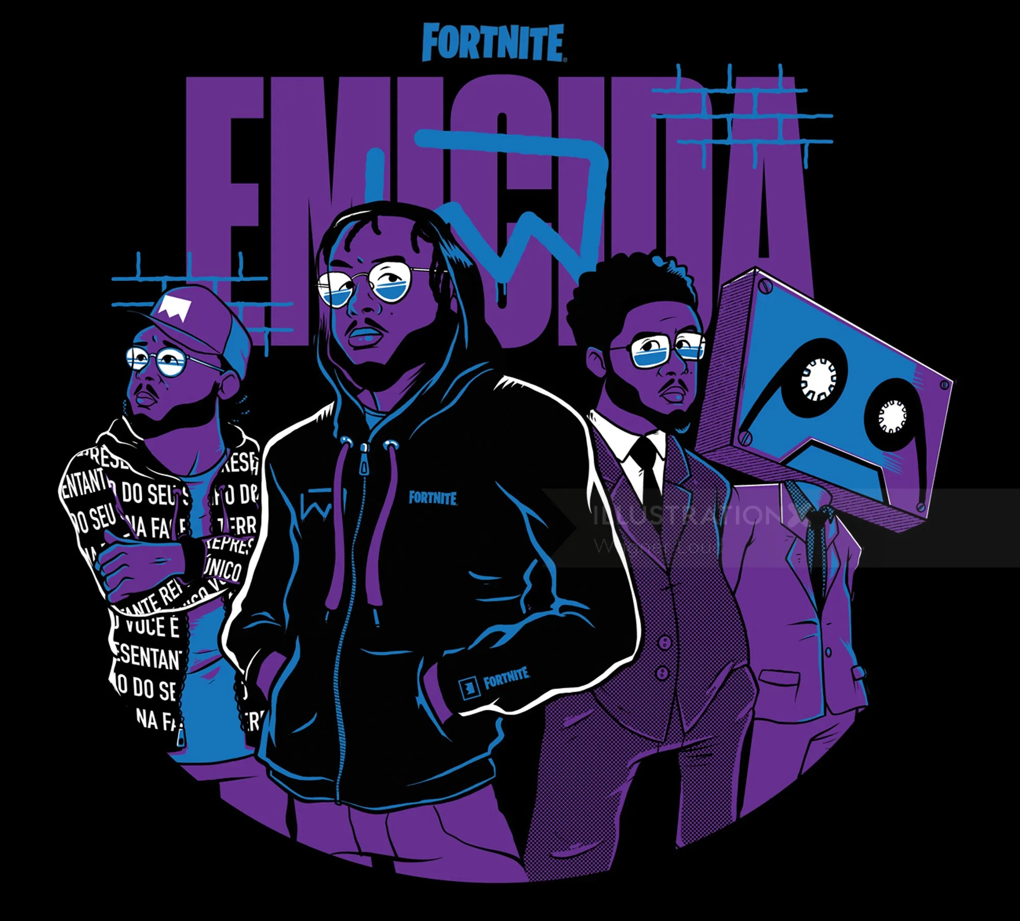 Emicida and two characters in Fortnite style with purple tones