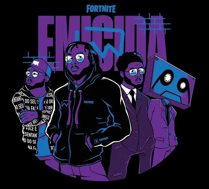 Emicida and two characters in Fortnite style with purple tones