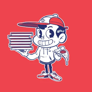 Cartoon character holding pizza boxes and a slice with red background
