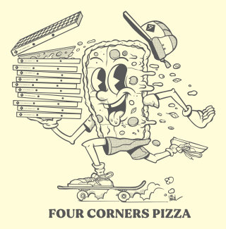 Cartaz de anúncio em quadrinhos da Four Corners Pizza