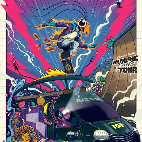 Colorful illustration of skateboarder jumping over van with vibrant background
