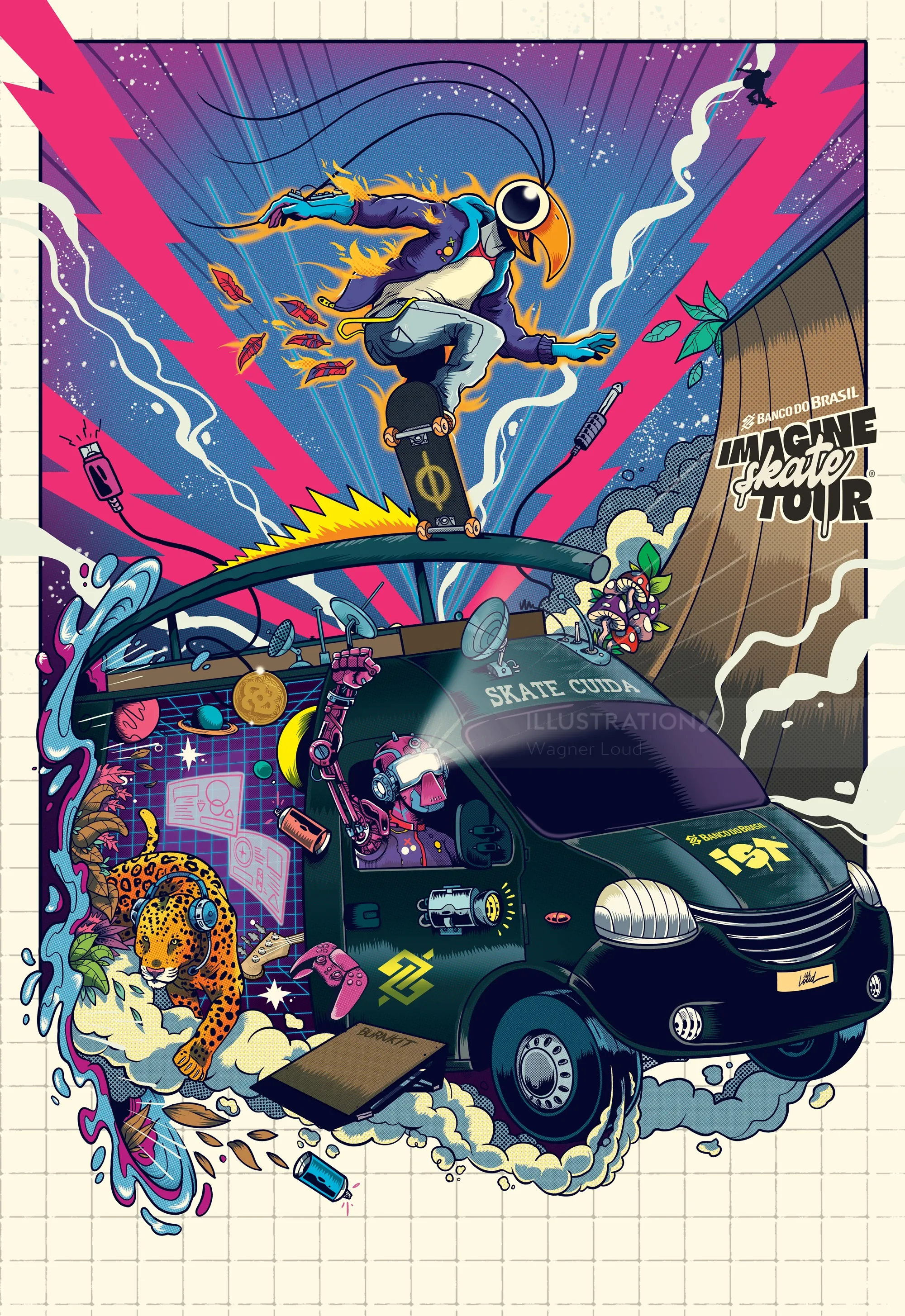 Colorful illustration of skateboarder jumping over van with vibrant background