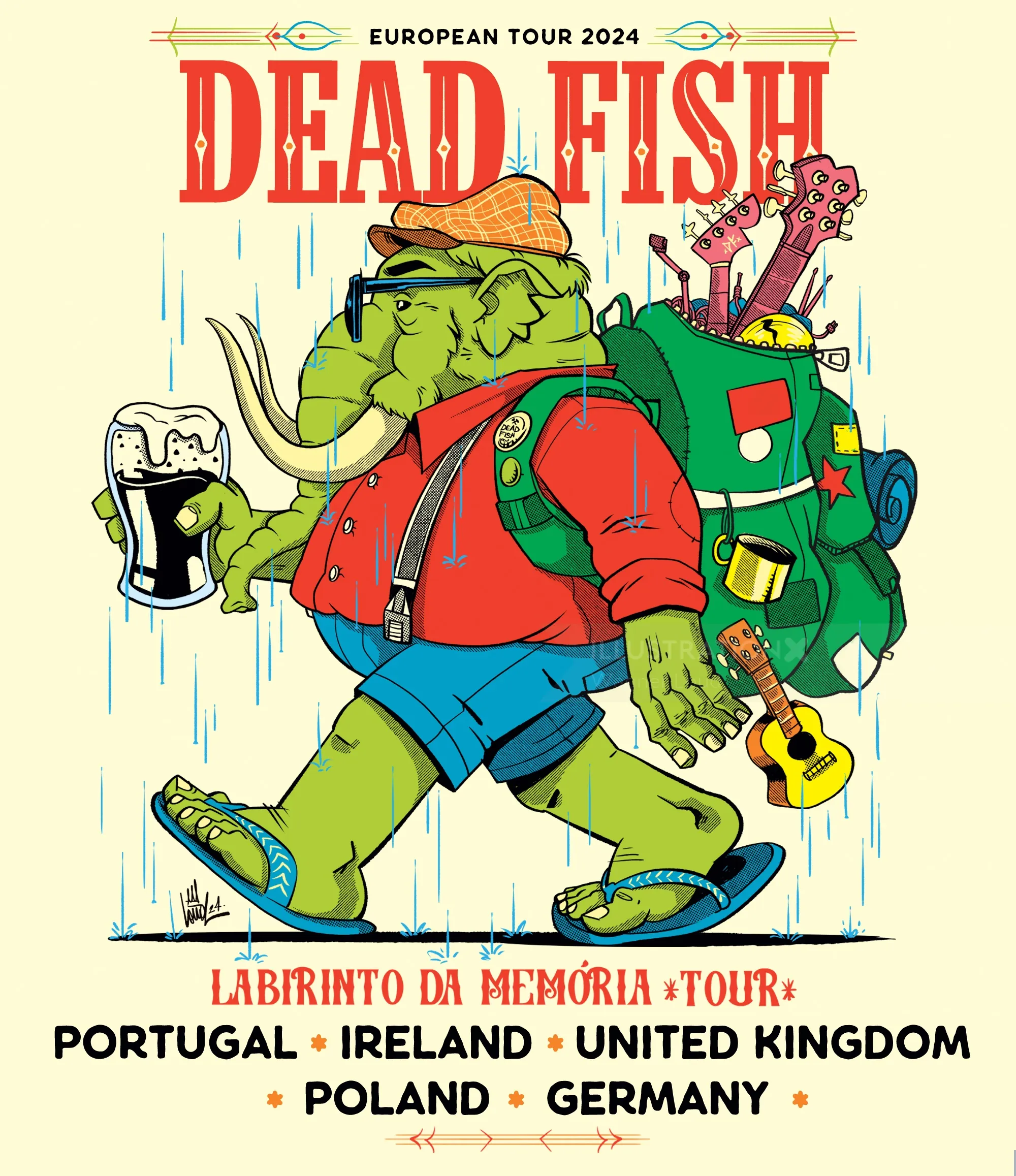 Cartoon turtle hiking with backpack and pint, Dead Fish Euro Tour 2024