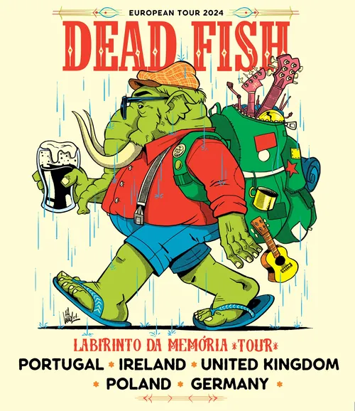 Cartoon turtle hiking with backpack and pint, Dead Fish Euro Tour 2024
