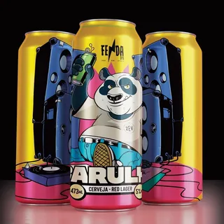 Yellow beer cans with cartoon panda and large speakers illustration