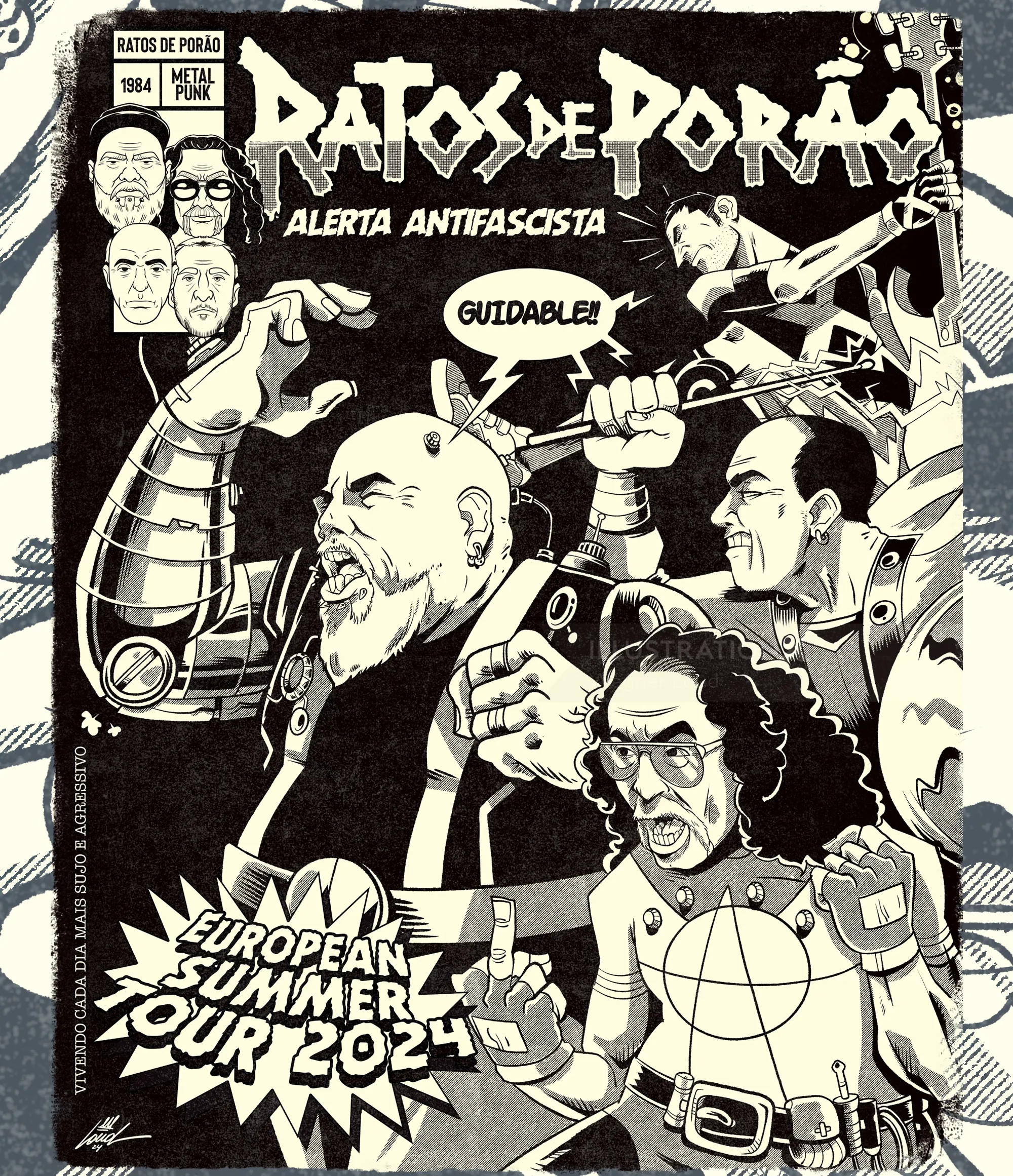 Black and white punk band tour poster with aggressive characters and text