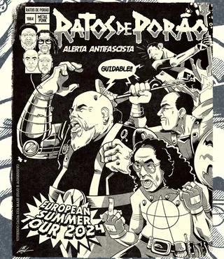 Black and white punk band tour poster with aggressive characters and text