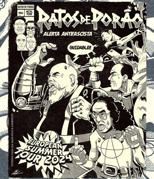 Black and white punk band tour poster with aggressive characters and text
