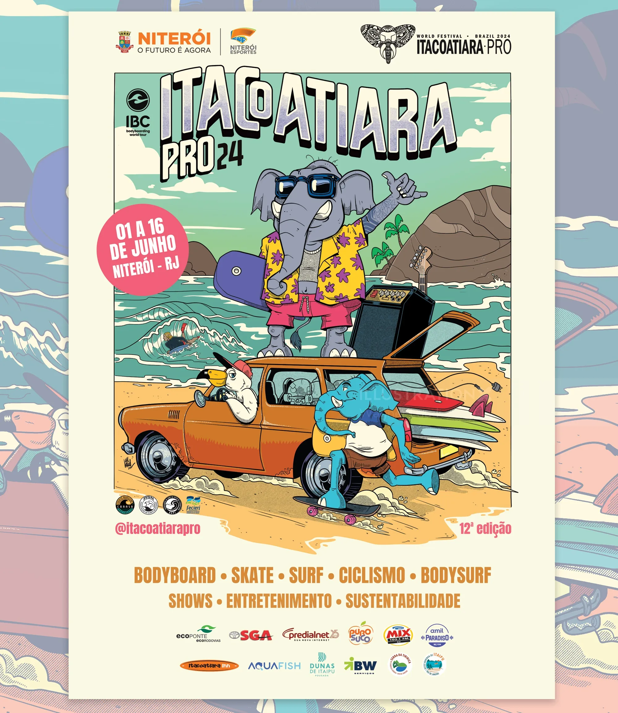 Cartoon of animals surfing and driving vintage car by ocean waves