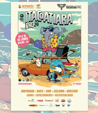 Cartoon of animals surfing and driving vintage car by ocean waves