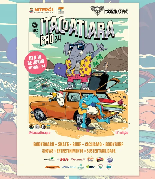 Cartoon of animals surfing and driving vintage car by ocean waves