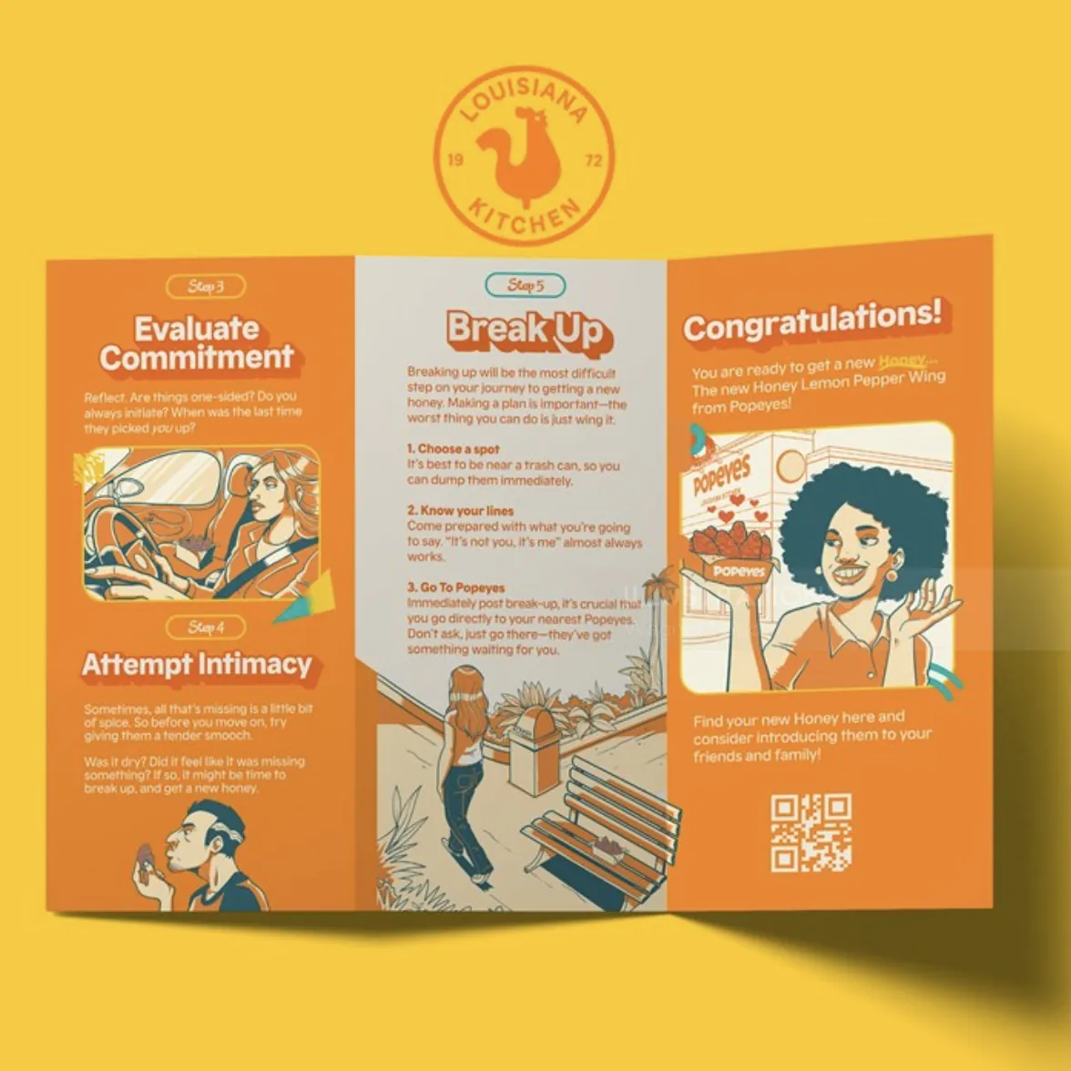 Informative tri-fold brochure about relationship commitment, break up, and congratulations